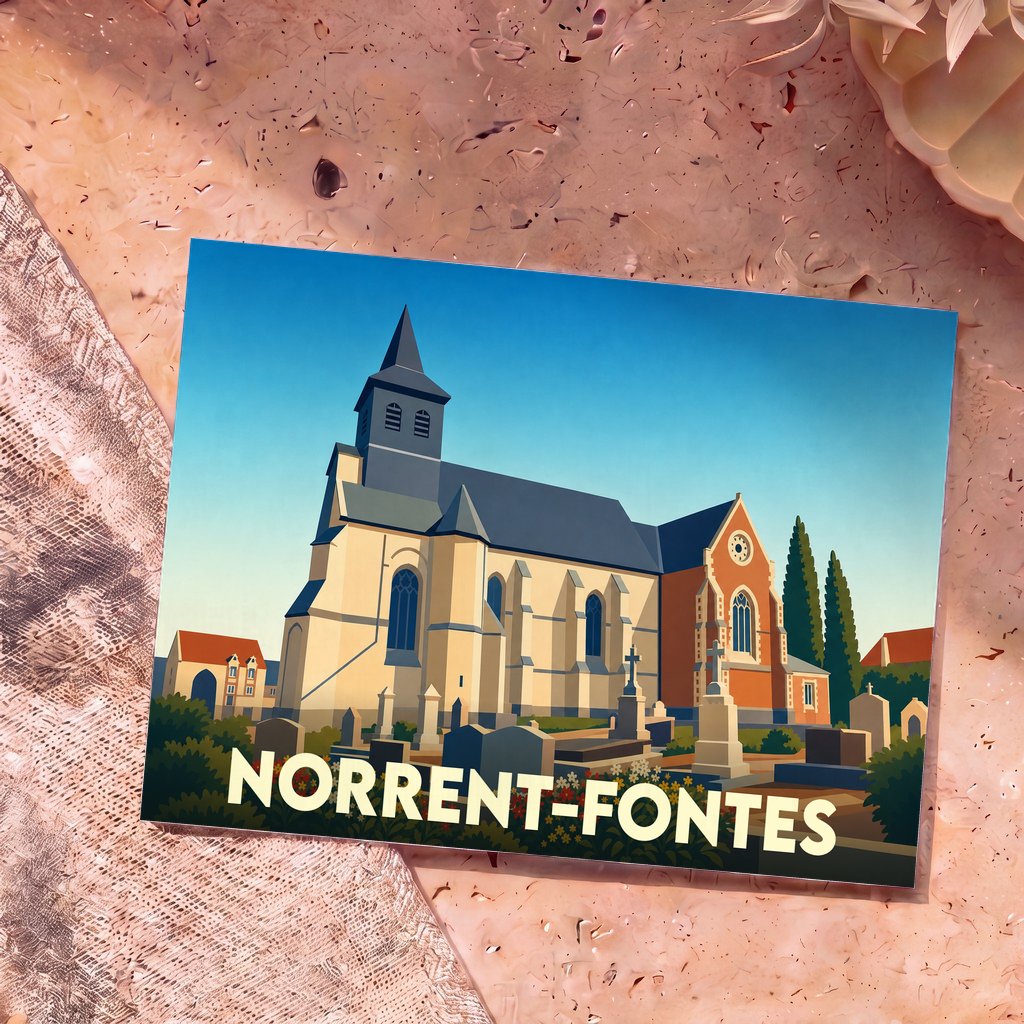 Carte postale souvenir de la ville de Norrent-Fontes avec une illustration stylisée de son église et de son cimetière.