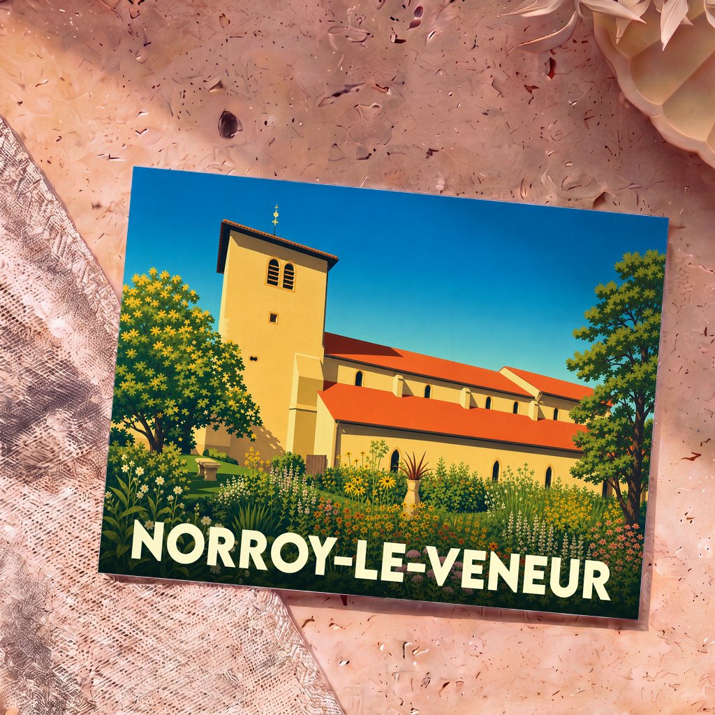 Carte postale souvenir de la ville de Norroy-le-Veneur avec une illustration stylisée de son église et de son jardin fleuri.