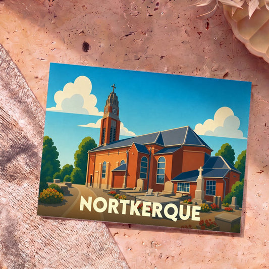 Carte postale souvenir de la ville de Nortkerque avec une illustration stylisée de son église et de son cimetière.