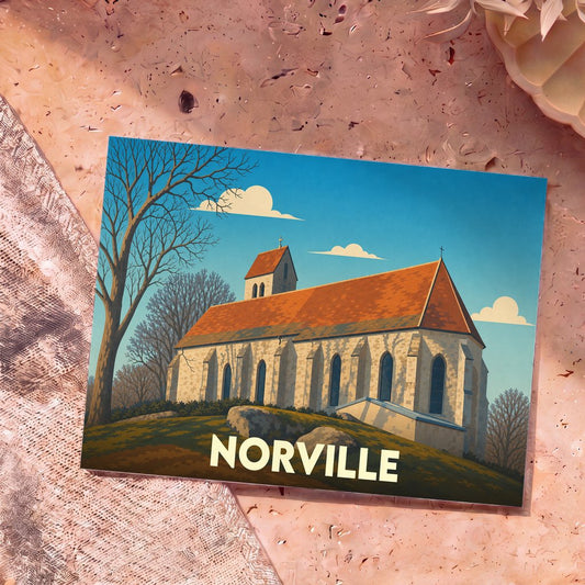 Carte postale souvenir de la ville de Norville illustrant son église dans un style graphique épuré.