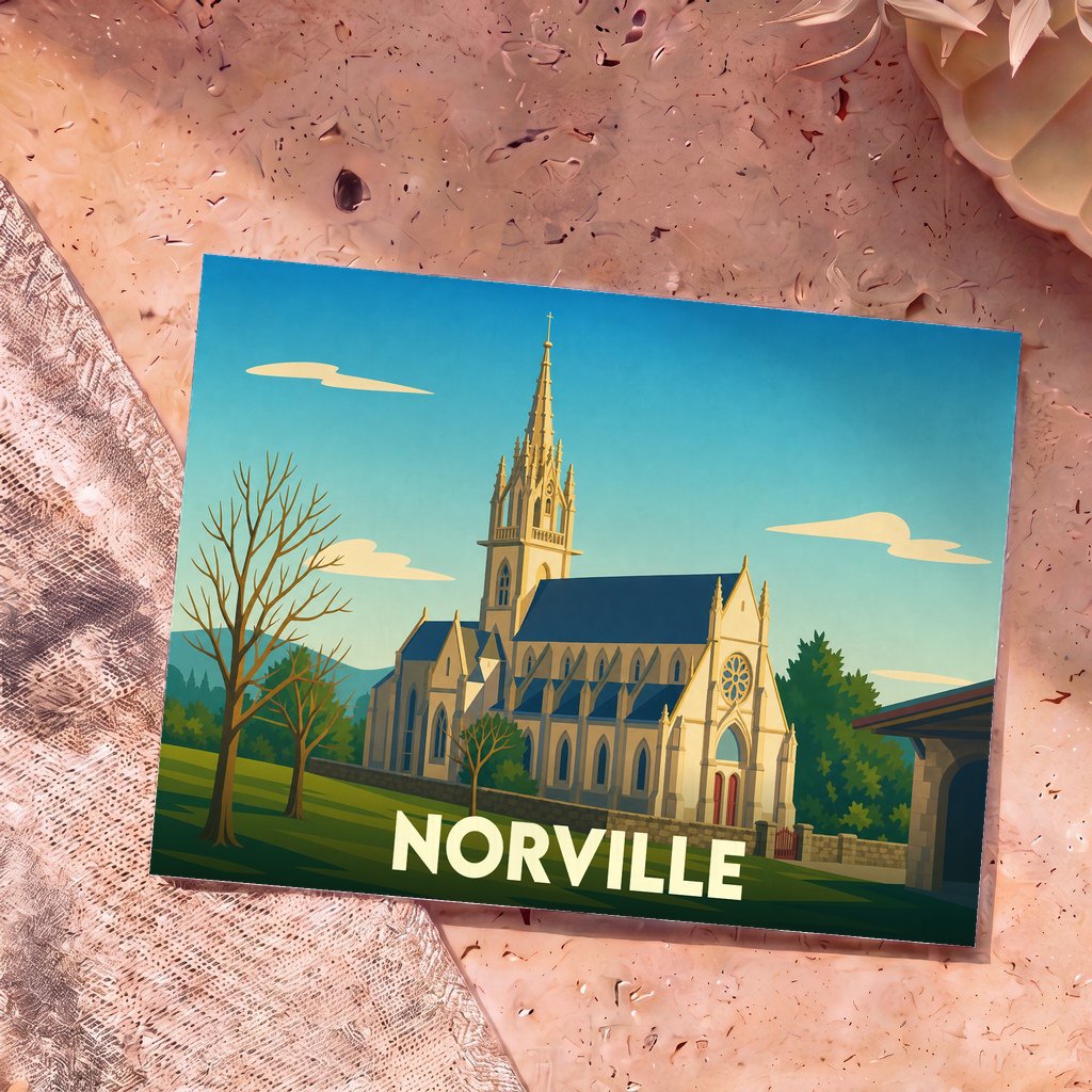 Carte postale souvenir de la ville de Norville avec une illustration stylisée d'une église sous un ciel bleu.
