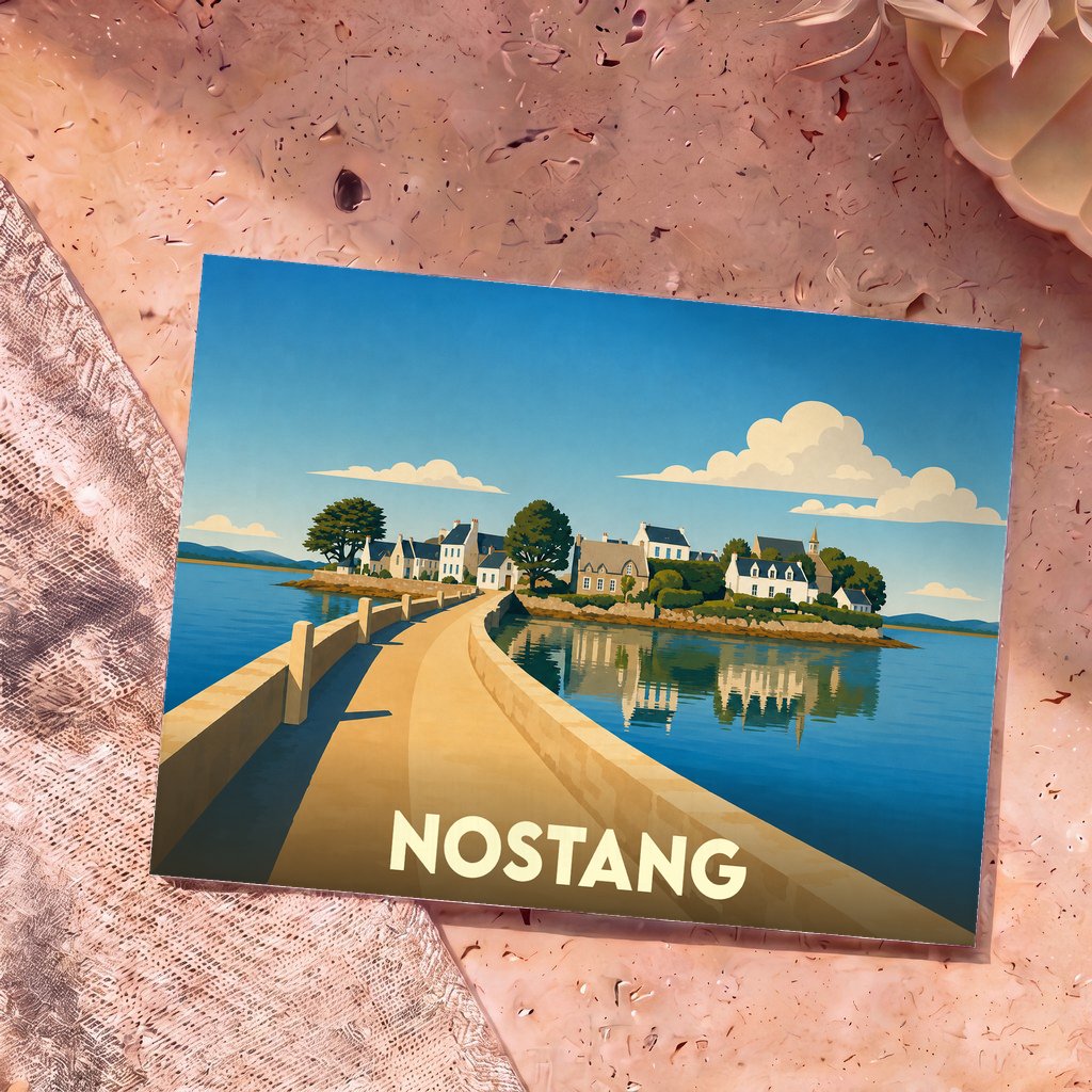 Carte postale souvenir de la ville de Nostang avec une illustration stylisée d'un pont menant à un village côtier.