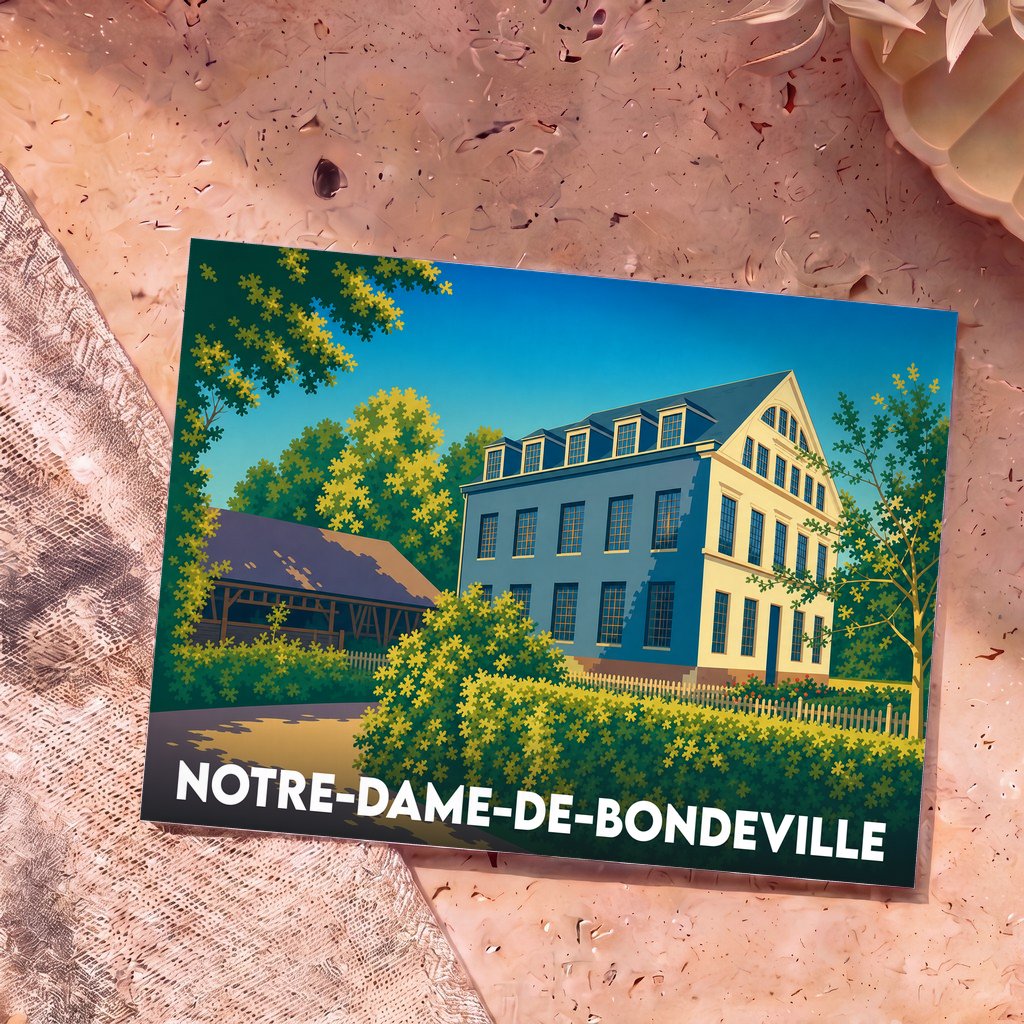 Carte postale souvenir de la ville de Notre-Dame-de-Bondeville avec une illustration stylisée d'une bâtisse historique.