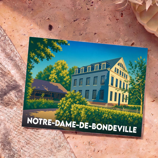 Carte postale souvenir de la ville de Notre-Dame-de-Bondeville avec une illustration stylisée d'une bâtisse historique.