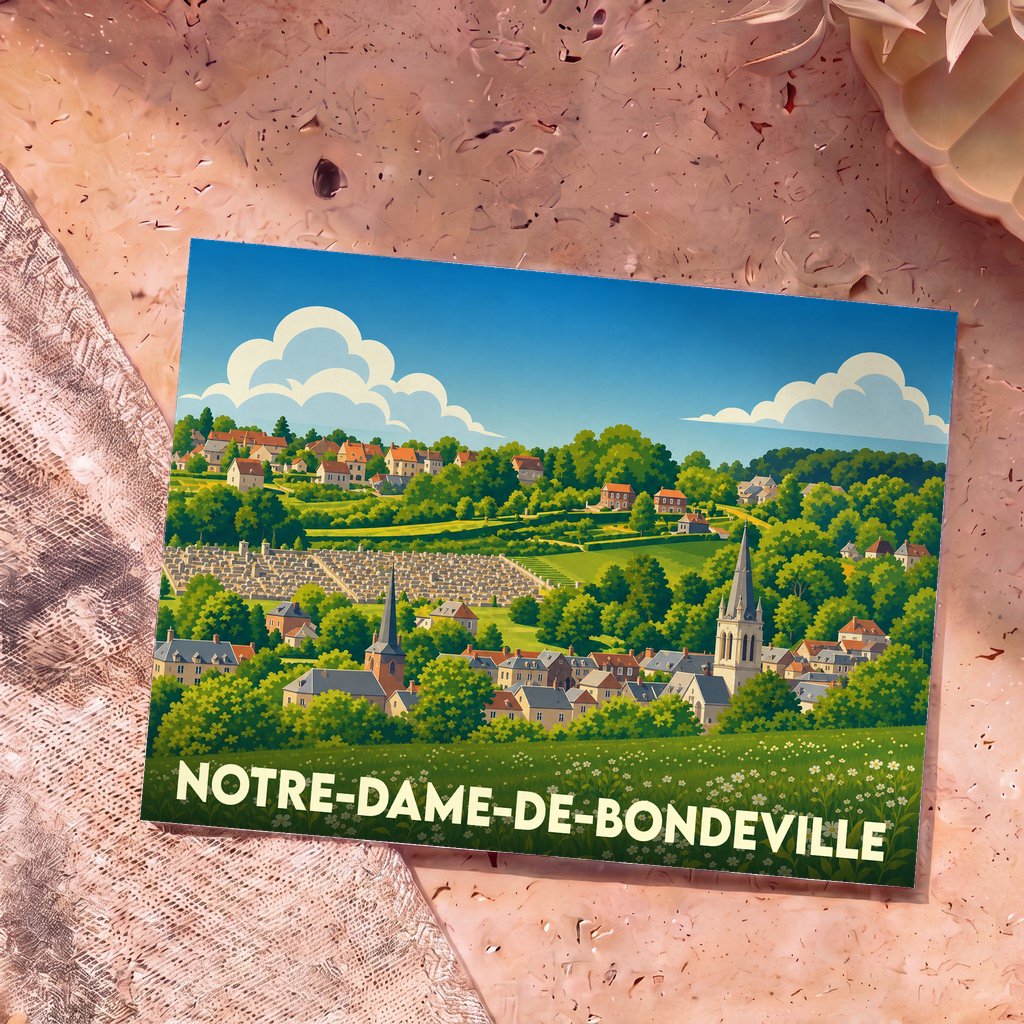 Carte postale souvenir de la ville de Notre-Dame-de-Bondeville avec une illustration panoramique et colorée de la commune.