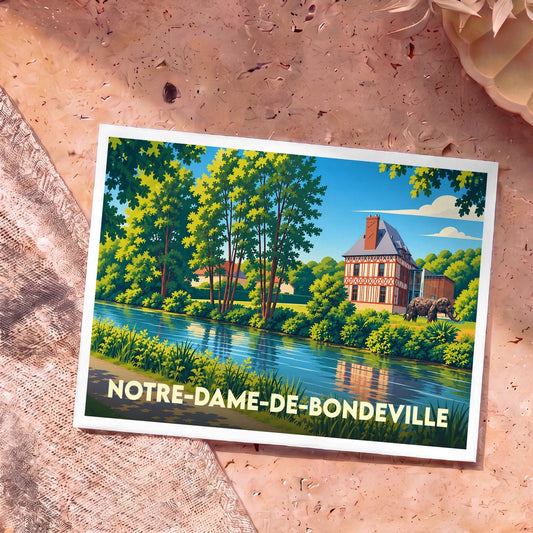 Carte postale souvenir de la ville de Notre-Dame-de-Bondeville avec une illustration stylisée d'un manoir normand au bord de l'eau.