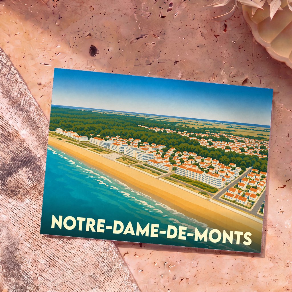 Carte postale souvenir de la ville de Notre-Dame-de-Monts avec une illustration stylisée du front de mer.