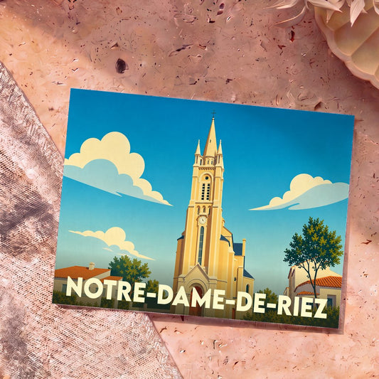 Carte postale souvenir de la ville de Notre-Dame-de-Riez avec une illustration stylisée de son église.