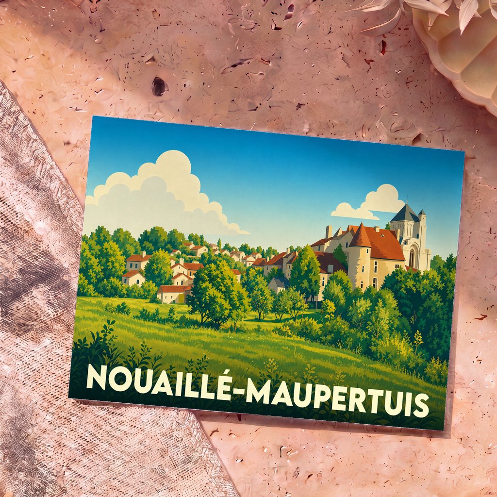 Carte postale souvenir de la ville de Nouaillé-Maupertuis avec une illustration stylisée du village et de son abbaye.