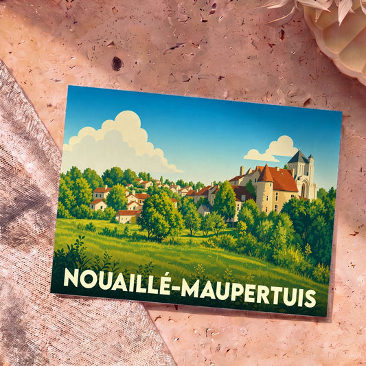 Carte postale souvenir de la ville de Nouaillé-Maupertuis avec une illustration stylisée du village et de son abbaye.