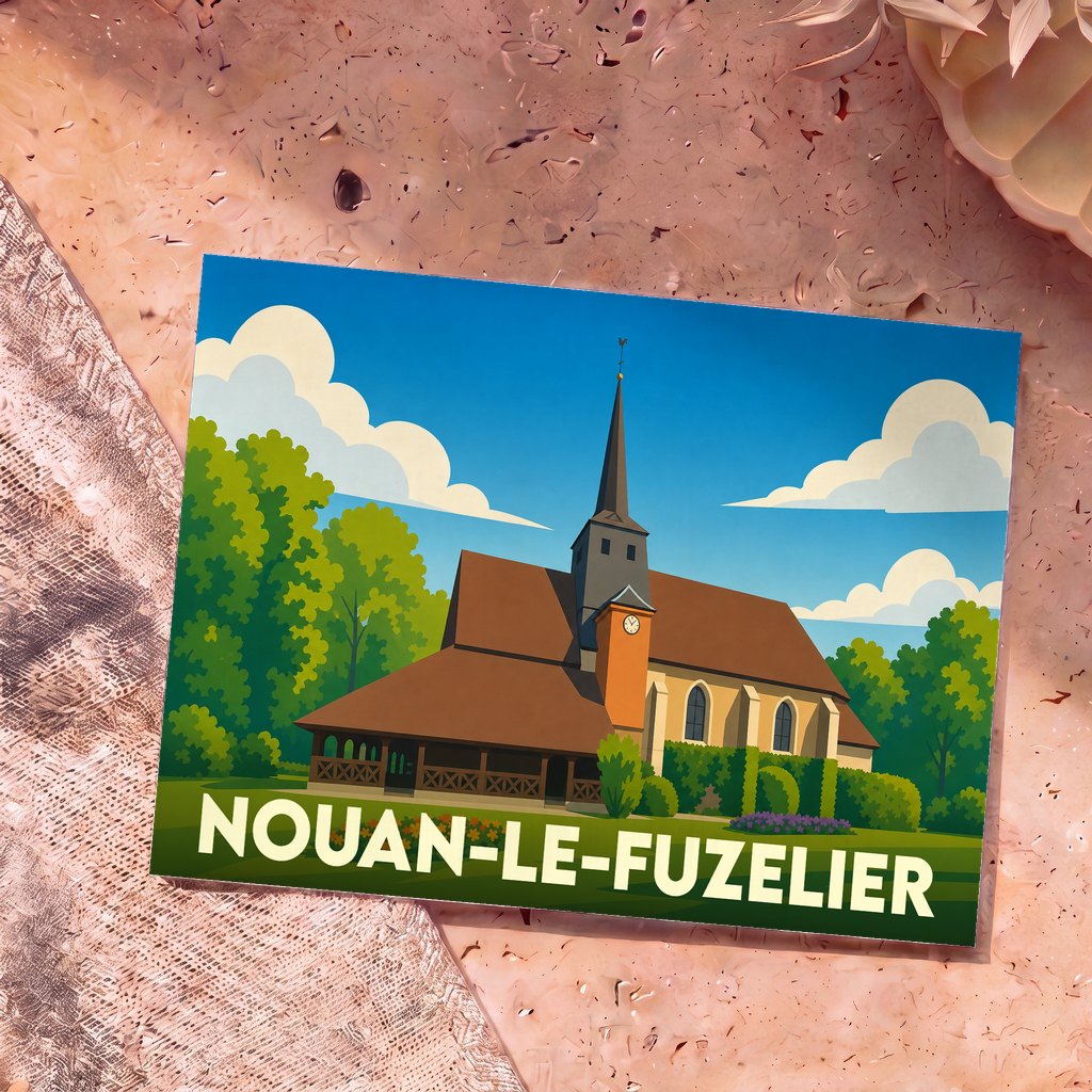 Carte postale souvenir de Nouan-le-Fuzelier illustrant son église dans un style graphique et coloré.
