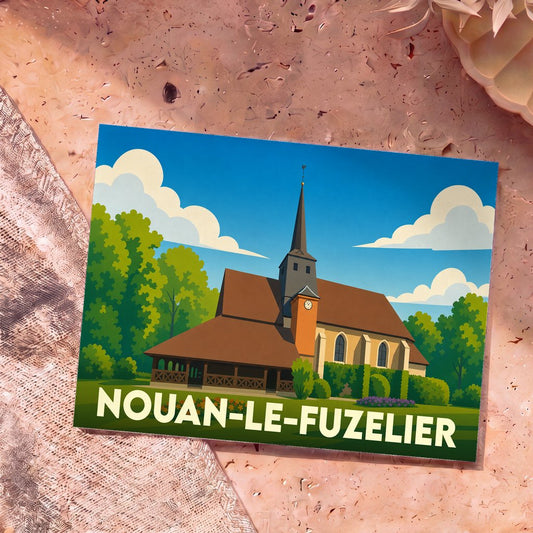 Carte postale souvenir de Nouan-le-Fuzelier illustrant son église dans un style graphique et coloré.