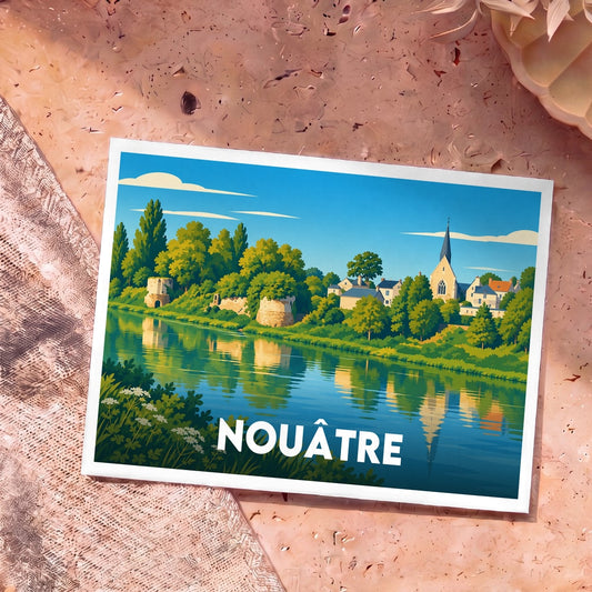 Carte postale souvenir de la ville de Nouâtre avec une illustration stylisée d'un paysage fluvial.