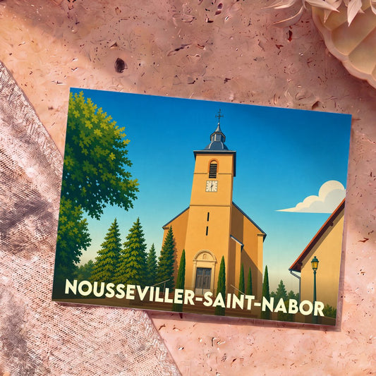 Carte postale souvenir de la ville de Nousseviller-Saint-Nabor avec une illustration stylisée de son église.