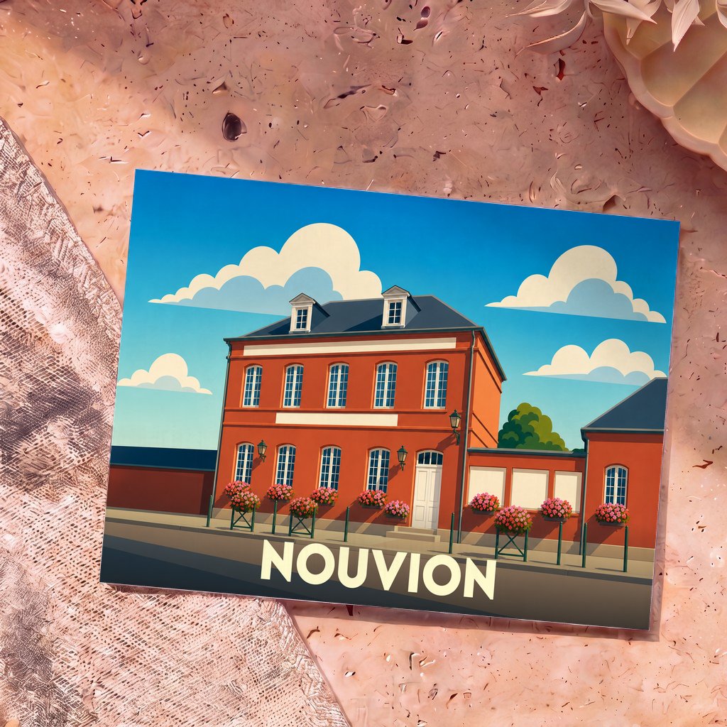 Carte postale souvenir de la ville de Nouvion avec une illustration stylisée d'un bâtiment rouge typique sous un ciel bleu.