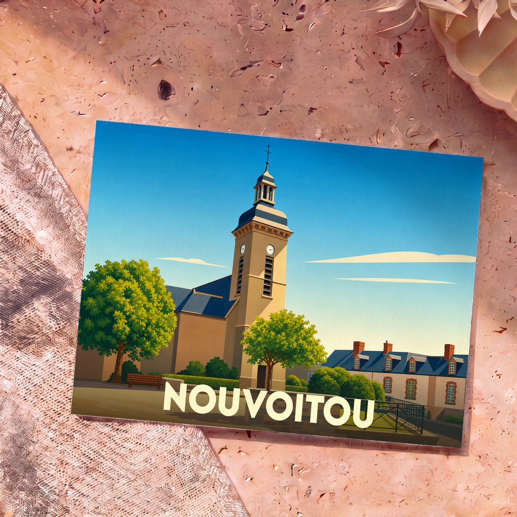 Carte postale souvenir de la ville de Nouvoitou avec une illustration stylisée de son église.