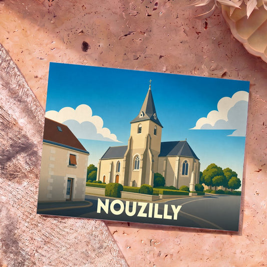 Carte postale souvenir de la ville de Nouzilly avec une illustration stylisée de son église sous un ciel bleu.