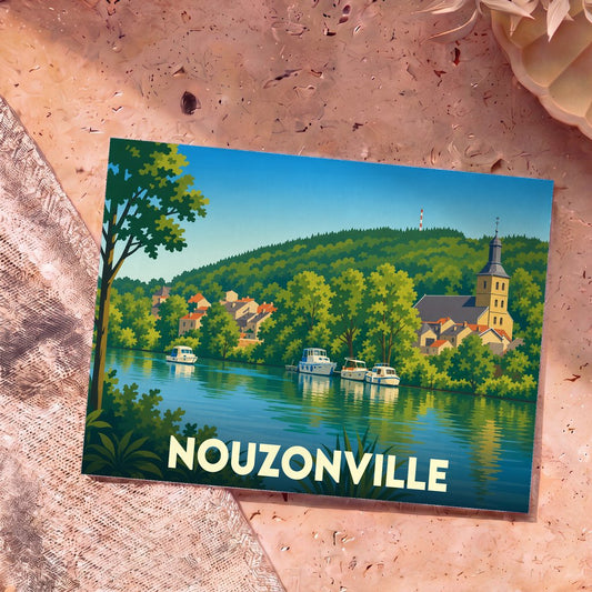 Carte postale souvenir de la ville de Nouzonville avec une illustration stylisée des bords de Meuse.