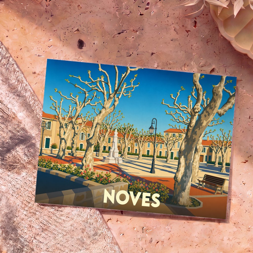 Carte postale souvenir de la ville de Noves illustrant une place ensoleillée bordée de platanes.