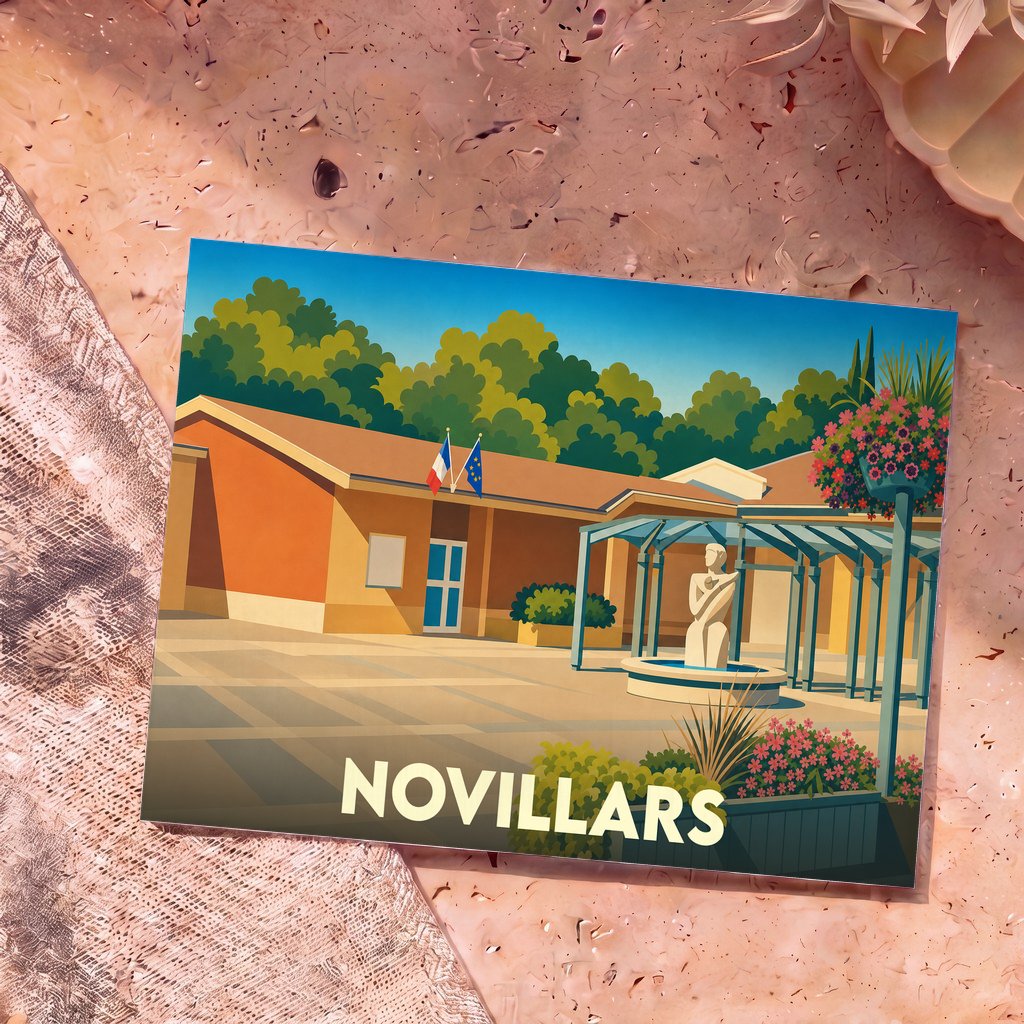 Carte postale souvenir de la ville de Novillars avec une illustration stylisée de sa mairie et d'une fontaine.