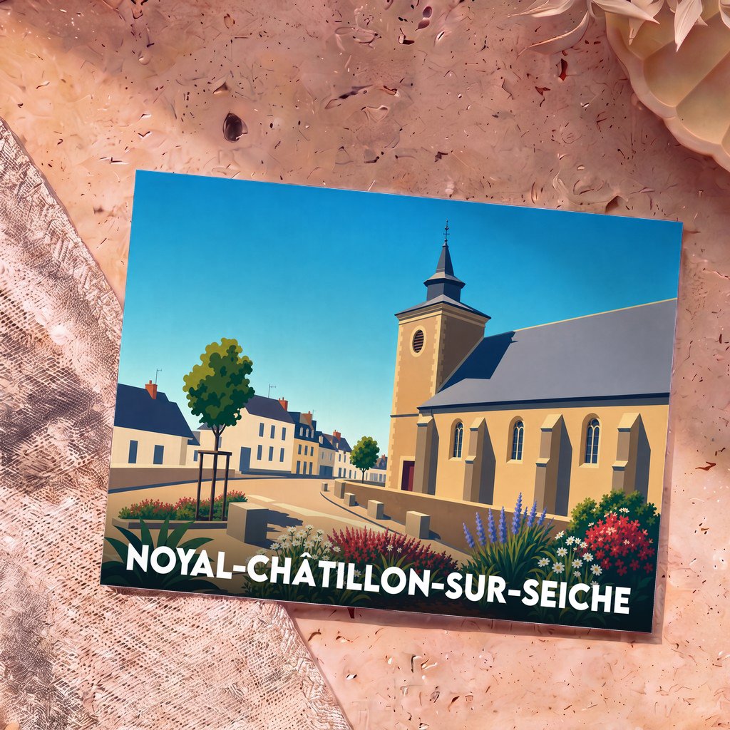 Carte postale souvenir de la ville de Noyal-Châtillon-sur-Seiche avec une illustration stylisée de son église et de ses rues.