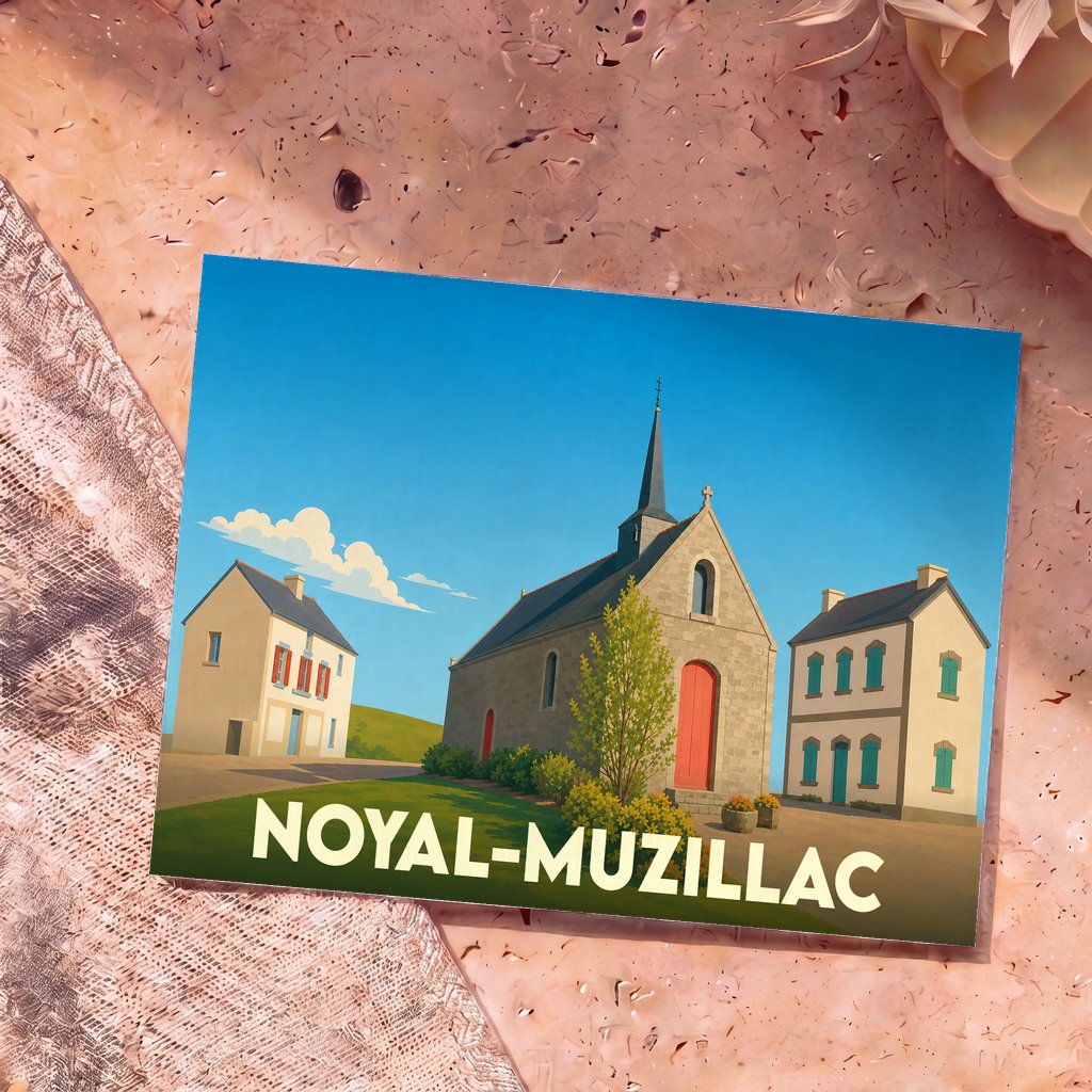 Carte postale souvenir de la ville de Noyal-Muzillac avec une illustration stylisée de son église et de ses maisons traditionnelles.