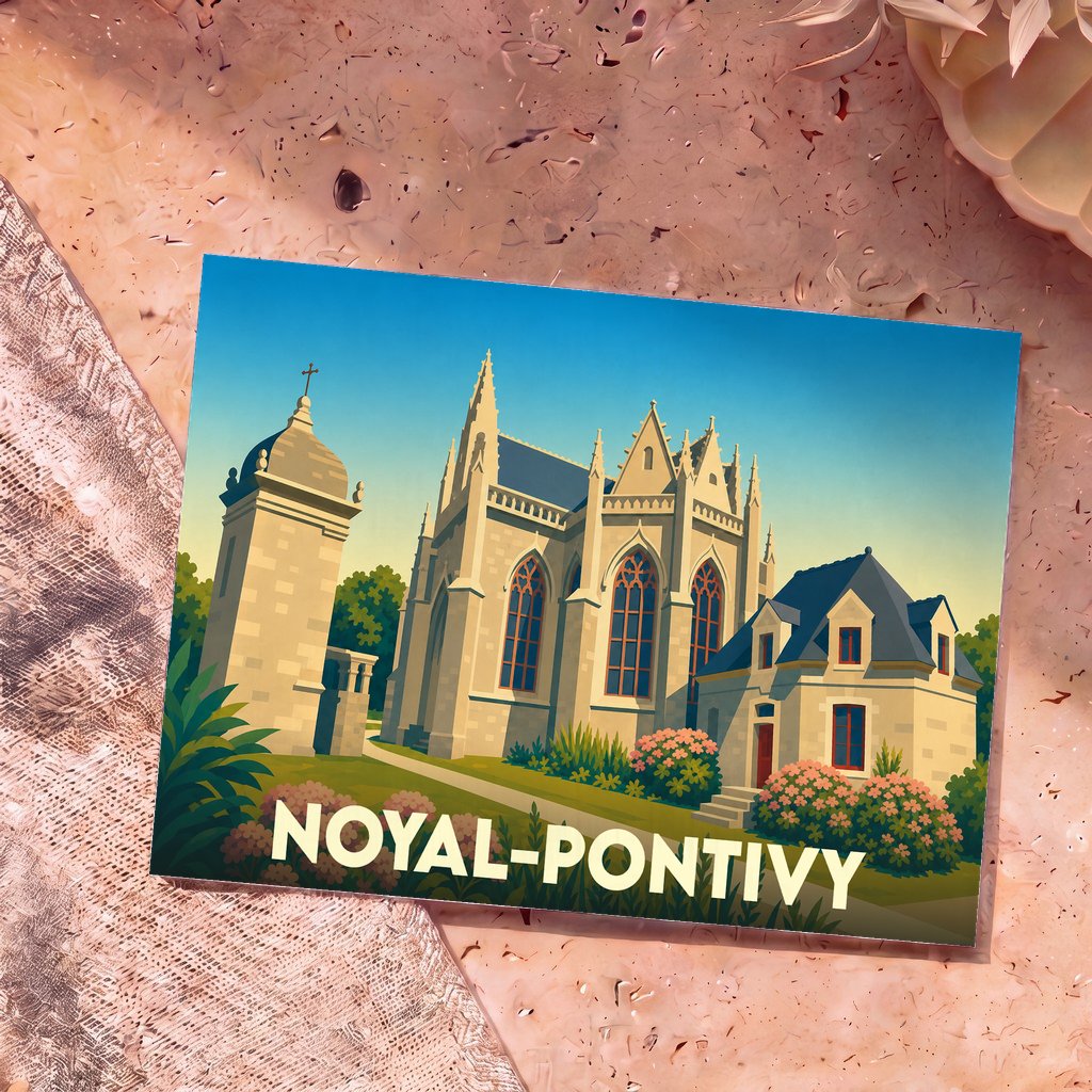 Carte postale souvenir de la ville de Noyal-Pontivy avec une illustration stylisée de son patrimoine architectural.