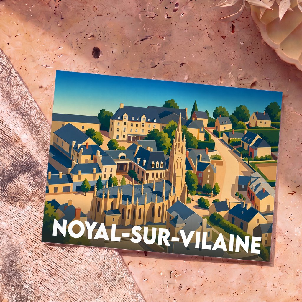 Carte postale souvenir de la ville de Noyal-sur-Vilaine avec une illustration stylisée et colorée de son centre historique.