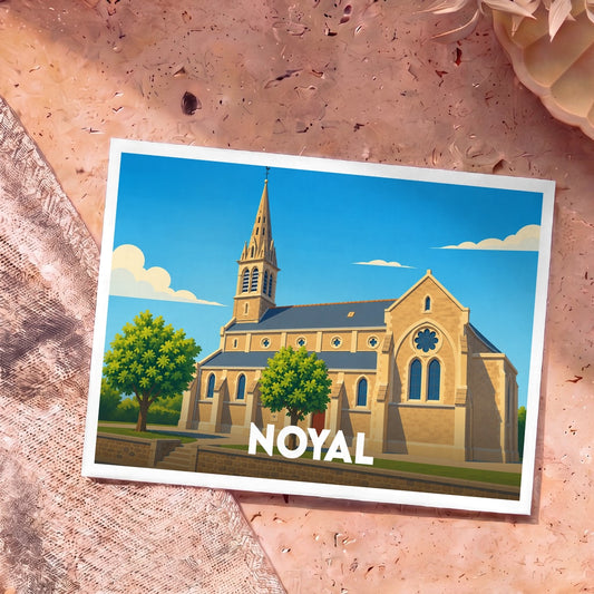 Carte postale souvenir de la ville de Noyal avec une illustration stylisée de son église sous un ciel bleu.