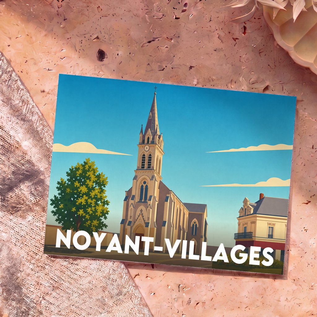 Carte postale souvenir de la commune de Noyant-Villages avec une illustration stylisée de son église.