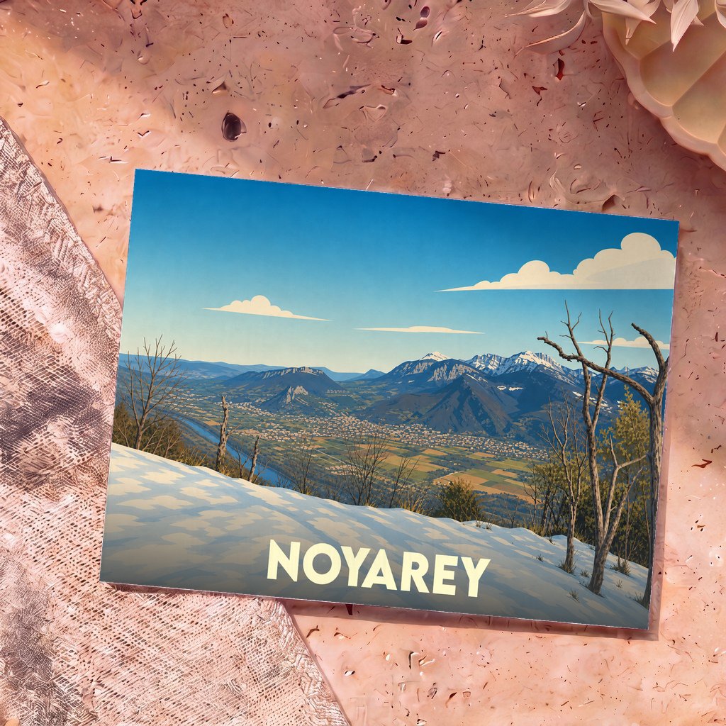 Carte postale souvenir de la ville de Noyarey avec une illustration stylisée d'un panorama montagneux enneigé.