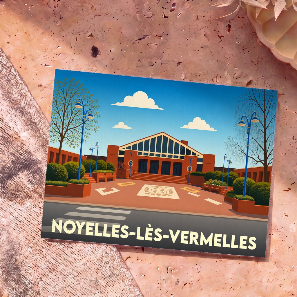 Carte postale souvenir de Noyelles-lès-Vermelles illustrant la salle des fêtes avec un style graphique moderne.