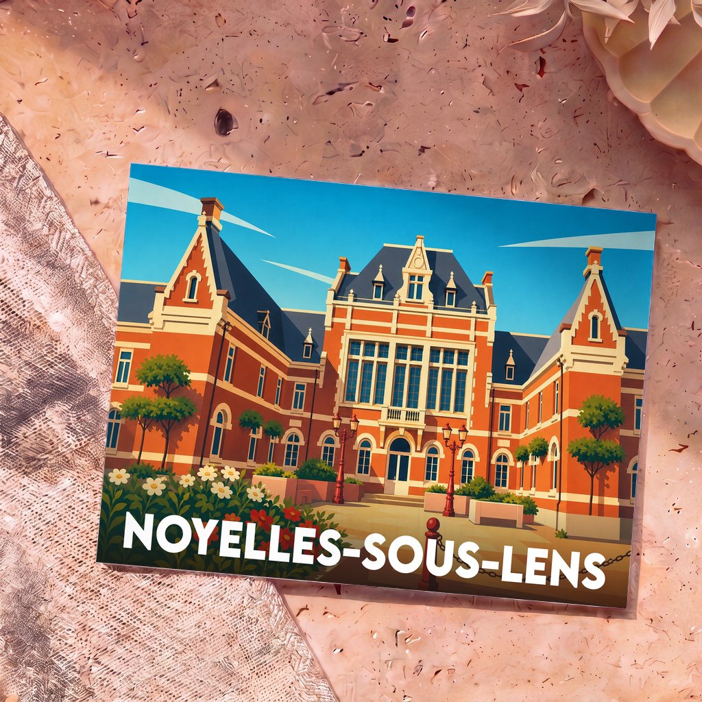 Carte postale souvenir de la ville de Noyelles-sous-Lens illustrant son hôtel de ville dans un style graphique coloré.