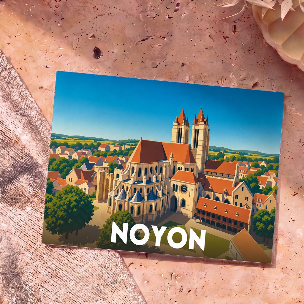 Carte postale souvenir de la ville de Noyon avec une illustration stylisée de sa cathédrale.