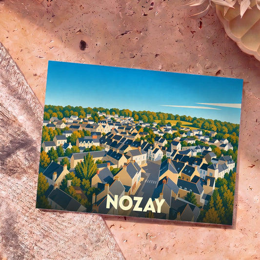 Carte postale souvenir de la ville de Nozay avec une illustration stylisée et colorée vue du ciel.