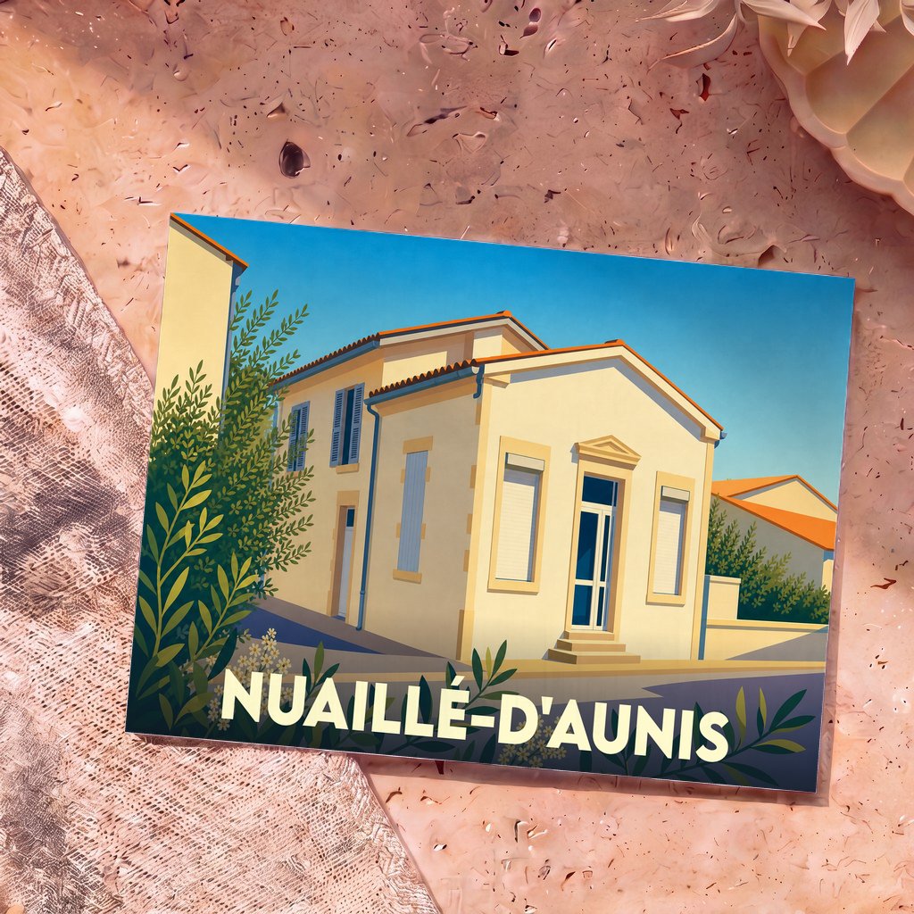 Carte postale souvenir de la ville de Nuaillé-d'Aunis avec une illustration stylisée.