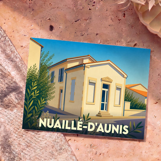 Carte postale souvenir de la ville de Nuaillé-d'Aunis avec une illustration stylisée.