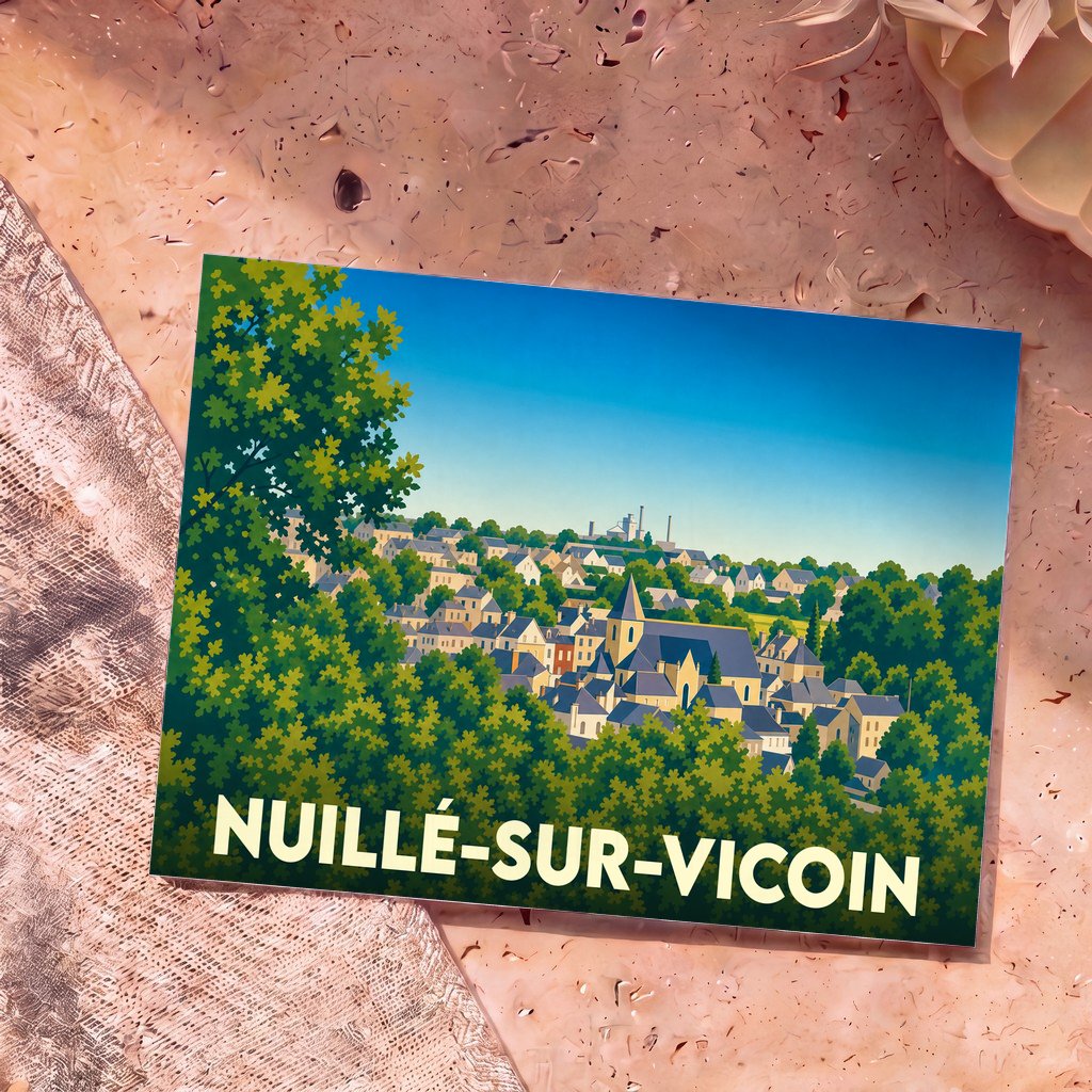 Carte postale souvenir de la ville de Nuillé-sur-Vicoin avec une illustration stylisée.