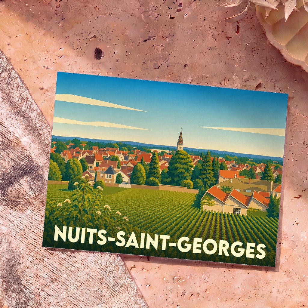 Carte postale souvenir de la ville de Nuits-Saint-Georges avec une illustration stylisée de ses vignobles et de son église.