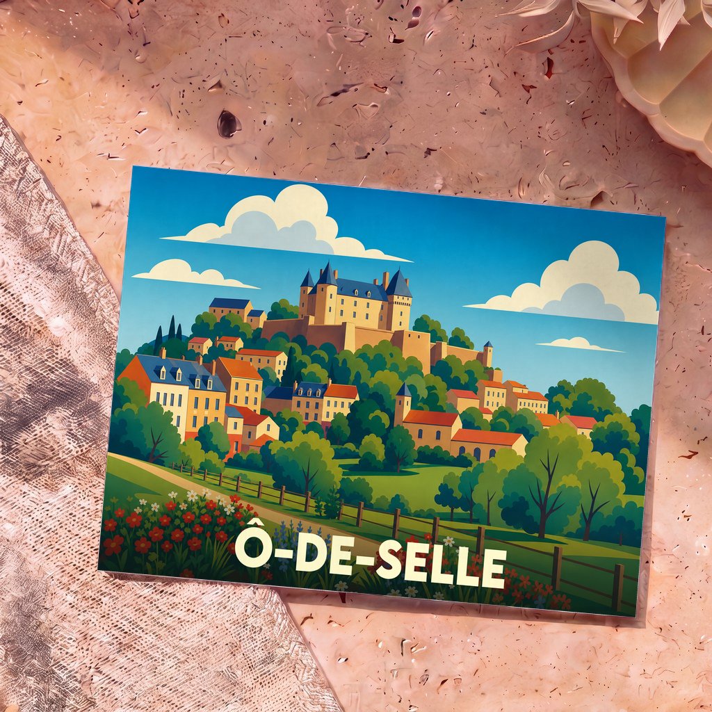 Carte postale souvenir de la ville de Ô-de-Selle illustrant un village perché et son château dans un style coloré et épuré.