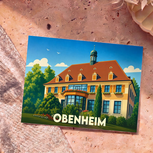 Carte postale souvenir de la ville d'Obenheim avec une illustration stylisée d'une grande demeure traditionnelle.