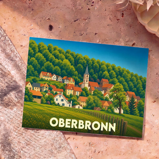 Carte postale souvenir de la ville d'Oberbronn avec une illustration stylisée du village et de son église.