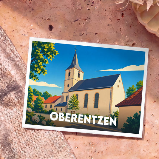 Carte postale souvenir de la ville d'Oberentzen avec une illustration stylisée de son église sous un ciel bleu.