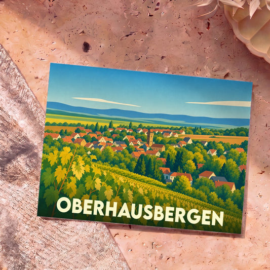 Carte postale souvenir de la ville d'Oberhausbergen avec une illustration stylisée d'un paysage de vignobles et de maisons.