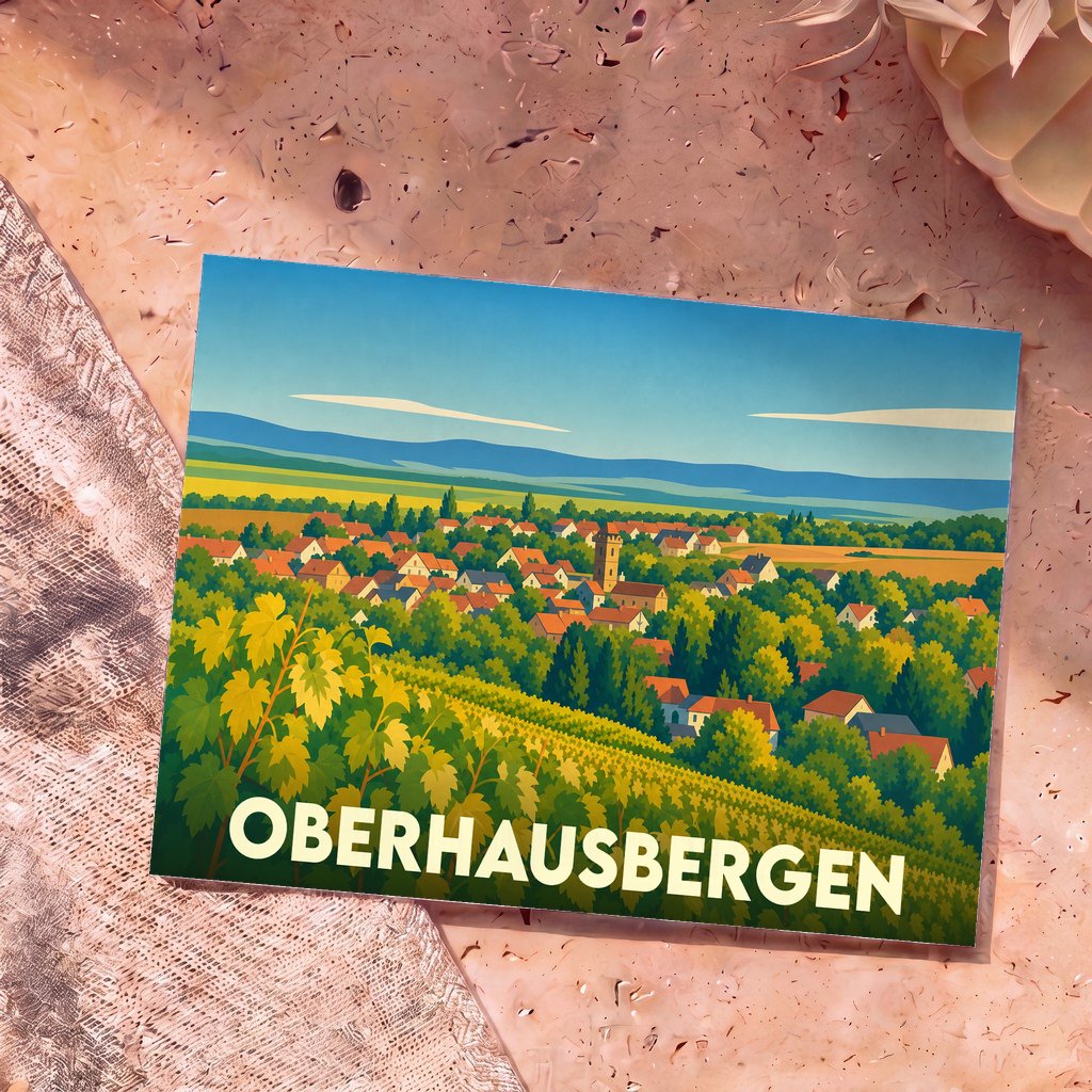 Carte postale souvenir d'Oberhausbergen illustrant le village et ses vignobles dans un style graphique épuré.