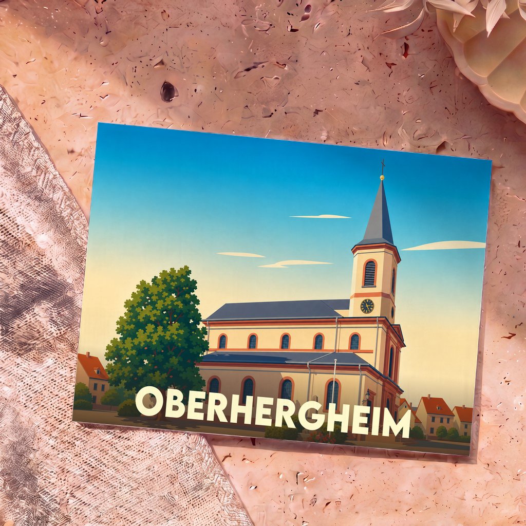 Carte postale souvenir de la ville d'Oberhergheim avec une illustration stylisée de son église.