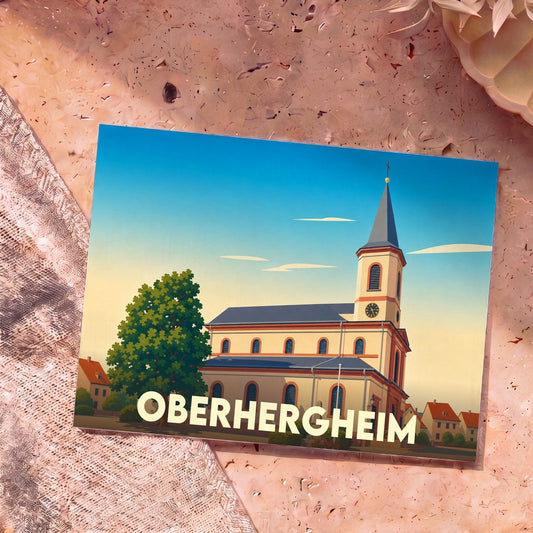 Carte postale souvenir de la ville d'Oberhergheim avec une illustration stylisée de son église.