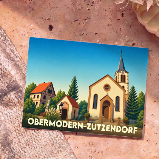 Carte postale souvenir de la ville d'Obermodern-Zutzendorf avec une illustration stylisée d'une église alsacienne.
