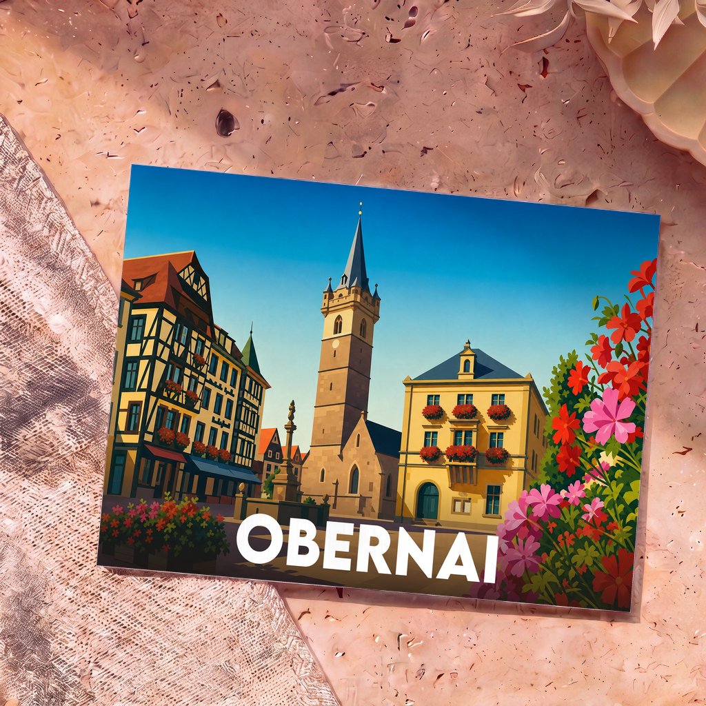 Carte postale souvenir de la ville d'Obernai avec une illustration stylisée de son architecture traditionnelle alsacienne.