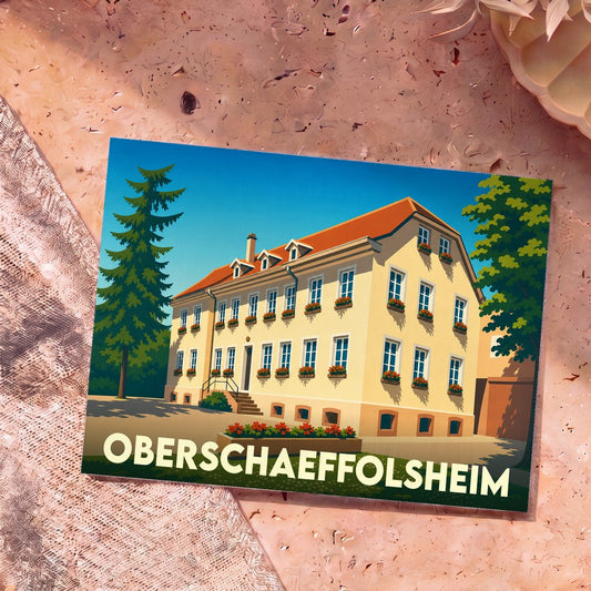 Carte postale souvenir de la ville de Oberschaeffolsheim avec une illustration stylisée d'un bâtiment traditionnel alsacien.